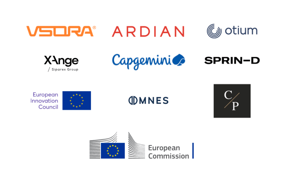 Logos of VSORA and its investors: Ardian, Otium, XAnge, Capgemini, SPRIND, European Innovation Council, Omnes Capital, Critical Path and the European Commission